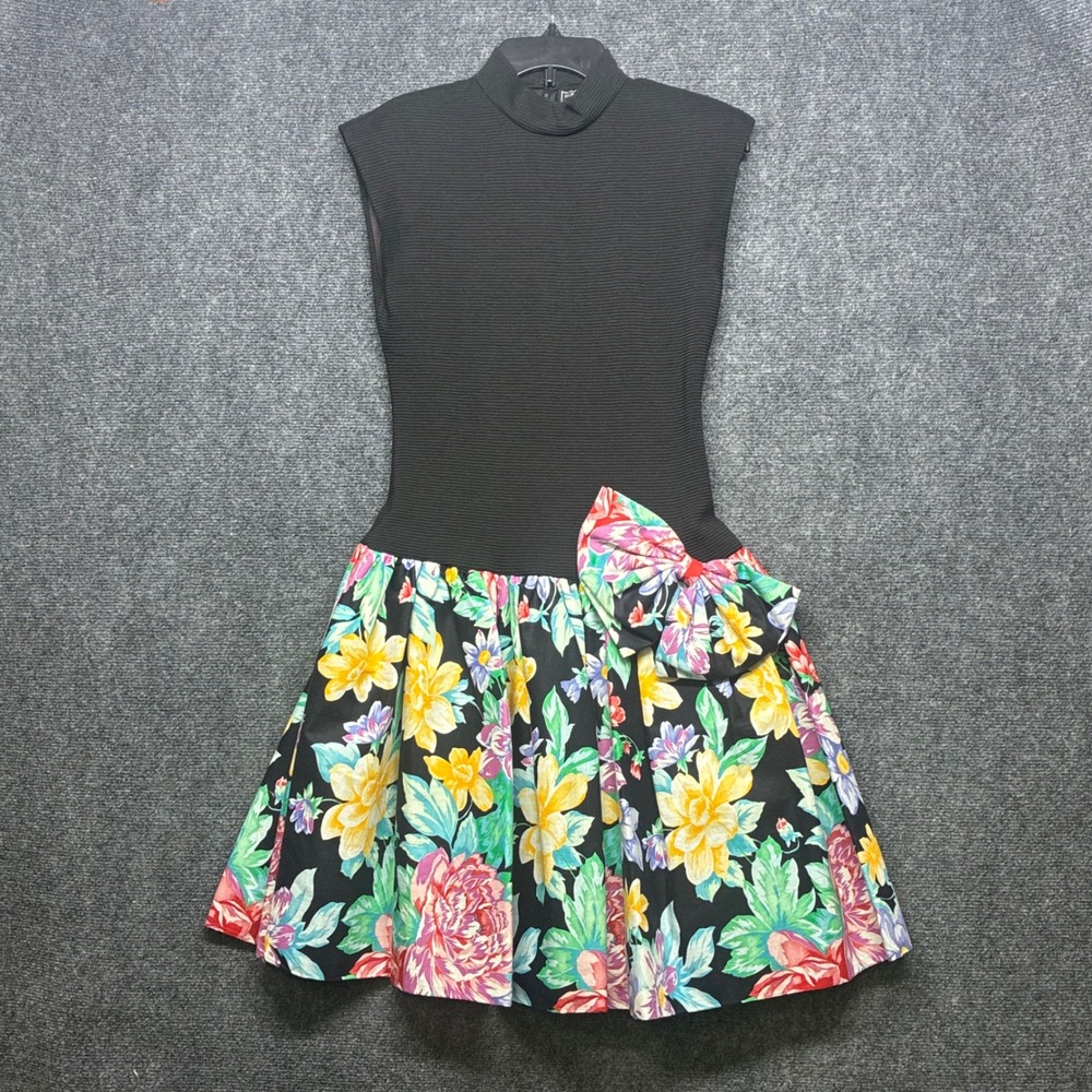 Vintage 80s Huey Waltzer for Darcy Floral‎ Bow Drop Waist Dress 7/8 Mock Neck